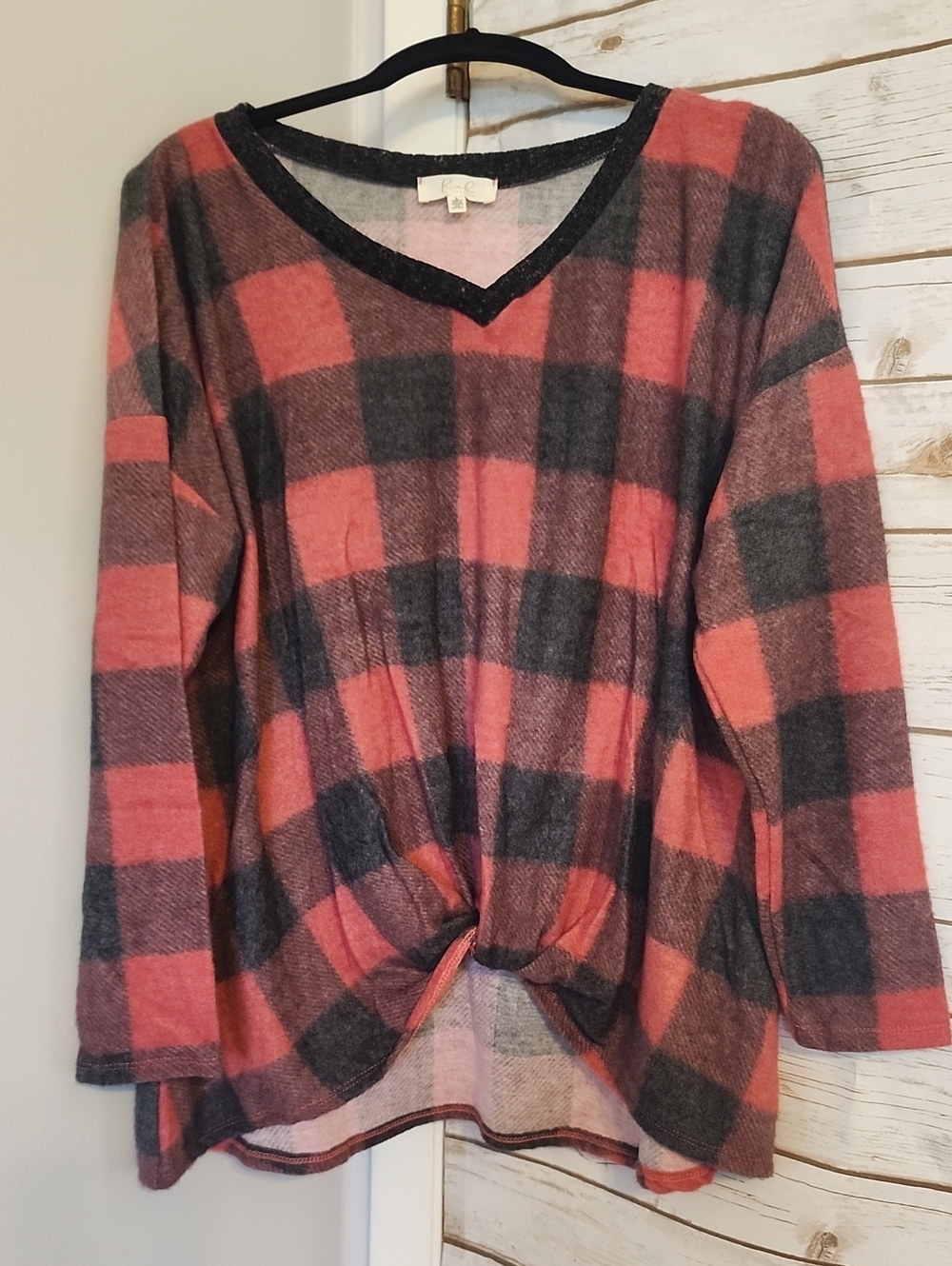 Women's Red and Charcoal Buffalo Plaid V-Neck Knot Front Top NEW Large